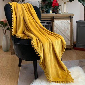 Flannel Blanket with Pompom Fringe Lightweight Cozy Bed Blanket Mustard Yellow